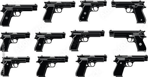 Comprehensive collection of twelve professional handgun and pistol silhouettes featuring modern firearm models for tactical security law enforcement military defense and weapon design projects