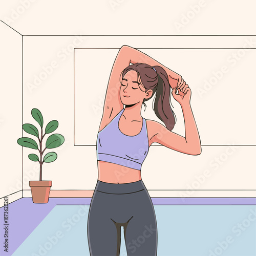 Young woman stretching her arm in a relaxed pose, practicing self-care and wellness.