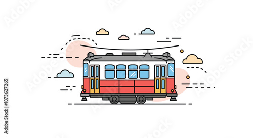 Charming red and white city tram car travels along its tracks against a stylized background with clouds and pink circles.
