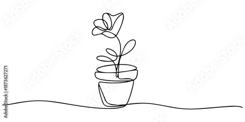 top flower continuous one line drawing, House flower plant in pot continuous one single line drawn concept pro. a beautiful gardening flower tob with orchid flowers,  Elegance home decorative elements