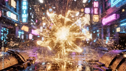 A bright explosion of light illuminates a dark room filled with debris and illuminated screens