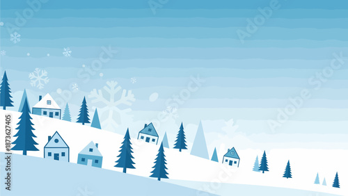 Winter wonderland scene with snow-covered houses and pine trees on a gentle slope, featuring falling snowflakes against a blue sky.