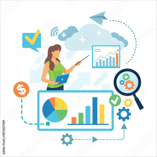 Woman standing with laptop and pointer. She showing data on screen with charts and graphs. Various symbols like checkmarks and gears surrounding her. Data analysis concept