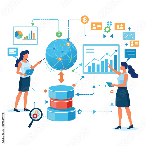 Two professionals working with data and charts on screens. People analyzing business information and sharing insights using graphs and digital tools. Data-driven decisions concept