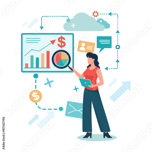 Woman standing in front of screen with charts and graphs. She holding tablet and pointing at pie chart while various icons surrounding her. Data analysis concept