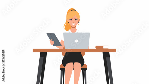Smiling blonde woman working diligently at a desk with a laptop and tablet.