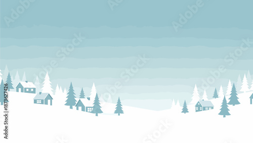 Stylized winter landscape illustration with snow-covered houses and evergreen trees under a cold blue sky, creating a peaceful scene.