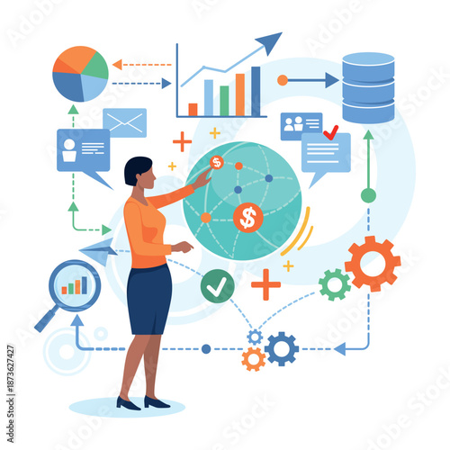 Woman standing in front of various charts and graphs. She pointing at globe with dollar signs and interacting with digital data. Lines connecting different elements in workspace setup