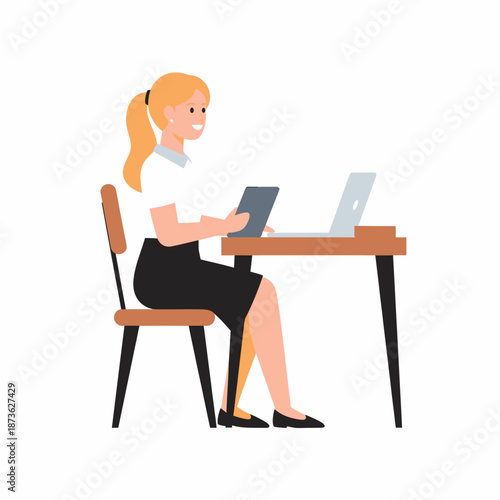 Smiling woman with blonde ponytail sitting at desk using tablet and laptop for work.