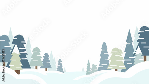 Minimalist illustration of a serene winter forest with snow-covered ground and stylized evergreen trees under a clear sky.