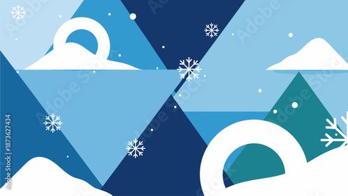Abstract geometric winter landscape with blue triangles, white snow, and falling snowflakes.