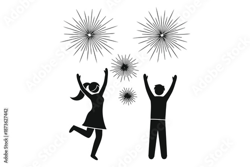 black silhouettes of a man and a woman celebrating with fireworks on white background