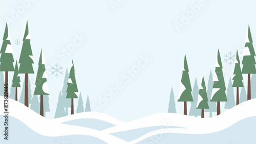 A minimalist cartoon illustration of a serene winter landscape with snow-covered hills and green pine trees under a light blue sky with falling snowflakes.