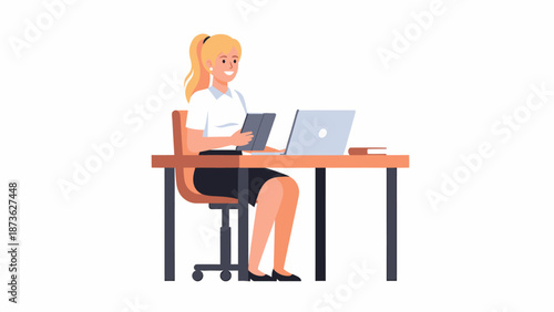 A smiling blonde woman working at a desk with a laptop and tablet, illustration.