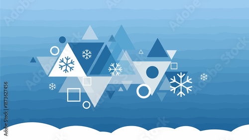 Abstract geometric winter background with snowflakes and blue gradient.