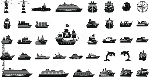Large collection of nautical silhouettes including cruise ships, cargo vessels, lighthouses, pirate boats, submarines, and marine life icons for travel and maritime design projects