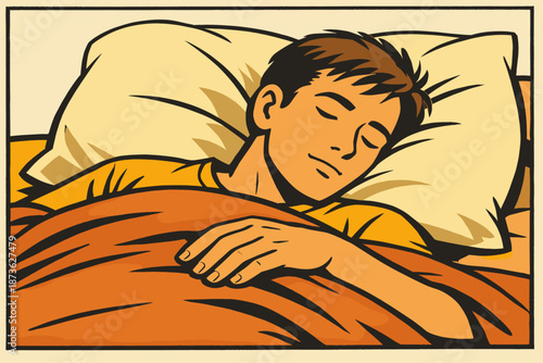 Comic style sleeping young male with orange blanket