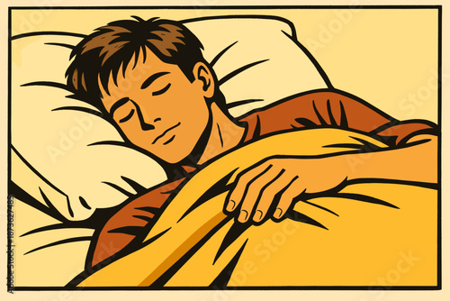 Young caucasian male sleeping peacefully on pillow with blanket illustration