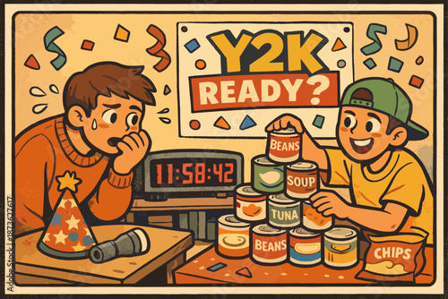 Two young caucasian males preparing for y2k with canned goods and flashlight