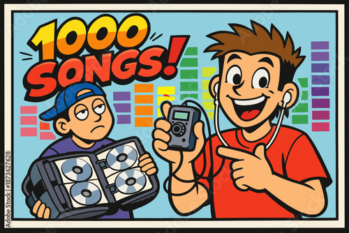 Digital music revolution: young caucasian males with mp3 player and cd collection cartoon