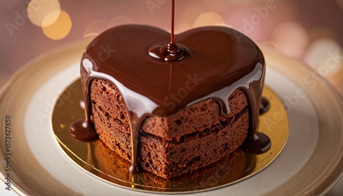 滑らかな液体チョコレートがハート型スポンジケーキに降り注ぎ、側面に垂れるイメージ　バレンタイン・クリスマス