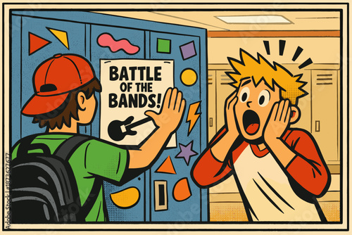 Teen boys discover exciting battle of the bands announcement in school hallway