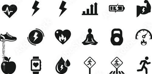 Set of fitness and health silhouettes featuring energy lightning bolts, heart rate monitors, exercise equipment, running icons, and wellness symbols for sports and lifestyle designs