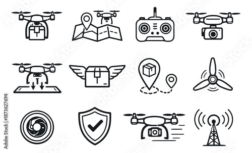 Line art drone technology set featuring delivery, remote control, and security elements for modern logistics and surveillance