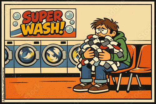 Young male sitting in laundromat holding laundry with sad expression