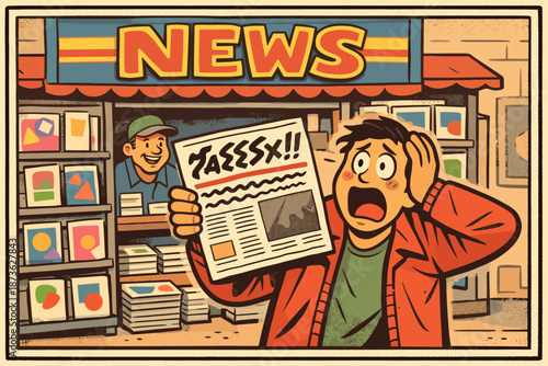 Shocked young male cartoon character holding newspaper at newsstand