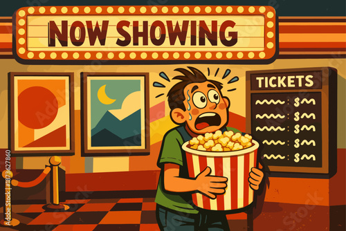 Young male cartoon with popcorn at movie theater entrance under now showing sign