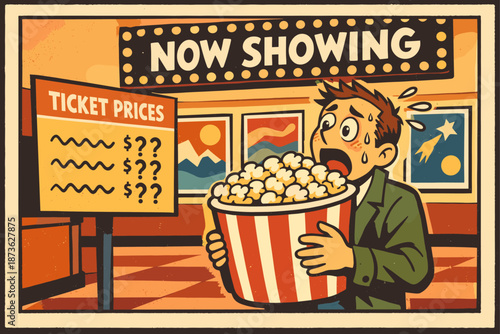 Shocked cartoon man holding popcorn at theater with expensive ticket prices
