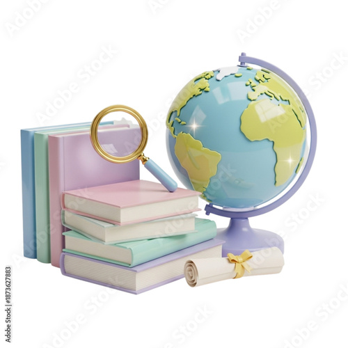 Stack of colorful books and a globe with a magnifying glass representing global education and learning with pastel colors on white background