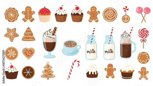Extensive collection of festive holiday food icons featuring gingerbread cookies, cupcakes, lollipops, milk, and hot cocoa.