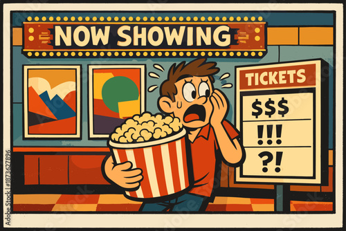 Cartoon male shocked by high movie ticket prices at theater with popcorn bucket