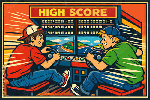 Retro arcade racing game with two animated boys competing for high score