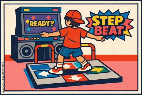 Child playing dance arcade game: young boy in red cap enjoying music challenge