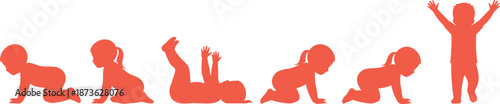 Flat Vector Illustration Set of Baby Development Stages Showing Infant Milestones From Crawling and Tummy Time To Walking and Sitting