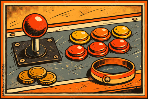 Retro arcade game controls with joystick and buttons in vintage style