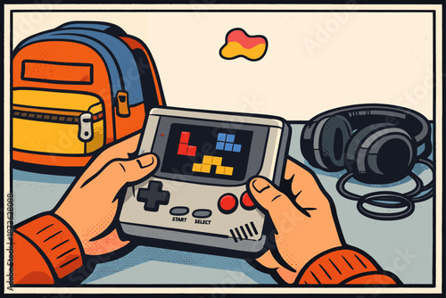 Retro gaming journey: hands holding classic console with backpack and headphones
