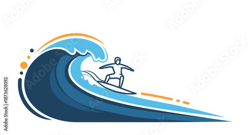 Stylized line art illustration of a surfer riding a massive ocean wave with dynamic blue and yellow colored accent details.