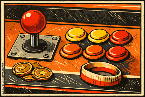 Vintage arcade joystick and buttons with coins and wristband art
