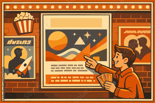 Young caucasian male enjoying sci-fi movie at retro cinema