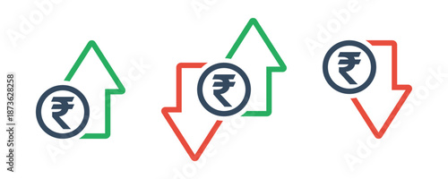 indian rupee coin with green up an red down arrows, national currency cost trend, rise or fall exchange rate, positive or negative trend forecast