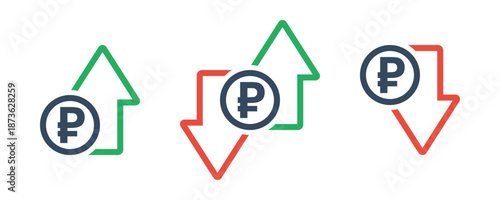 russian ruble coin with green up an red down arrows, national currency cost trend, rise or fall exchange rate, positive or negative trend forecast