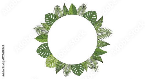 Round frame composed of various green tropical leaves including monstera and fern fronds arranged in a lush circular wreath.