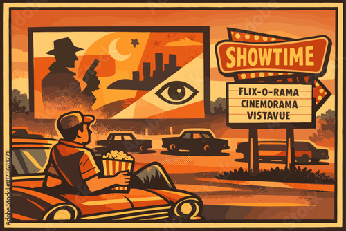 Retro drive-in cinema scene with male watching movie at sunset