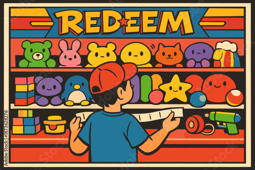 Young boy redeems prize in colorful toy store with plush animals and arcade games