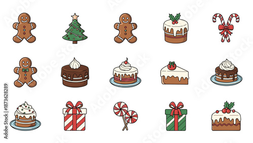 Large collection of Christmas themed treat icons featuring gingerbread men, holiday cakes, candy canes, and wrapped gift boxes.
