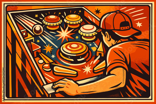 Retro pinball arcade game with enthusiastic male player in vibrant poster art style